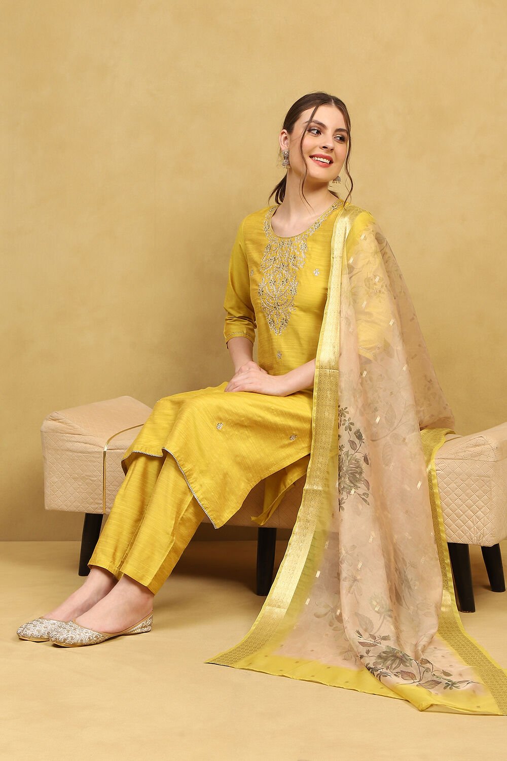 Yellow Viscose Blend Embroidered Straight Suit Set image number 0