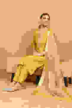 Yellow Viscose Blend Embroidered Straight Suit Set image number 0