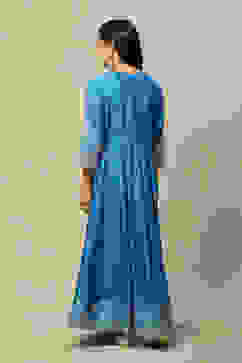 Blue LIVA Flared Printed Dress image number 3