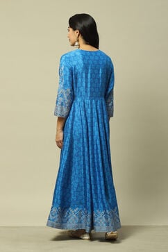 Blue LIVA Flared Printed Dress image number 3
