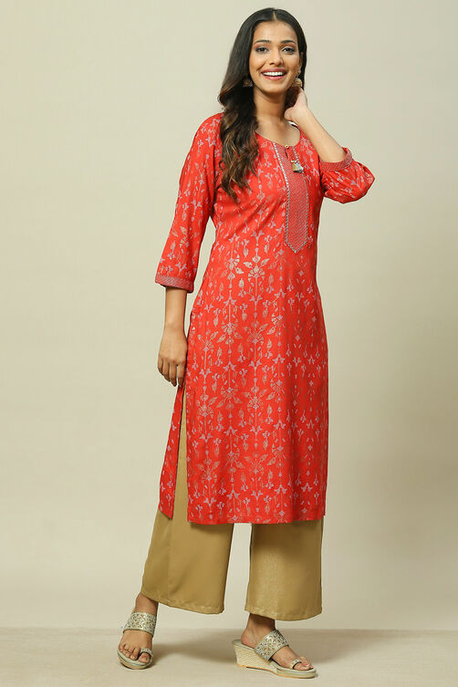 Red LIVA Straight Kurta image number 3