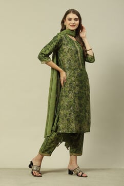Green LIVA Chiffon Straight Printed Kurta Palazzo Suit Set image number 2