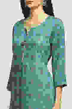 Teal Viscose Rayon Printed Straight Kurta Pants Set image number 1