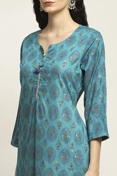 Teal Viscose Rayon Printed Straight Kurta Pants Set image number 1