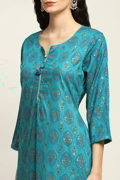 Teal Viscose Rayon Printed Straight Kurta Pants Set image number 1