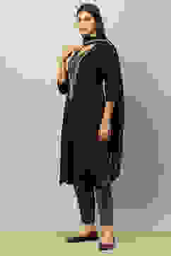 Black Viscose Blend Straight Solid Kurta Pants Suit Set image number 3