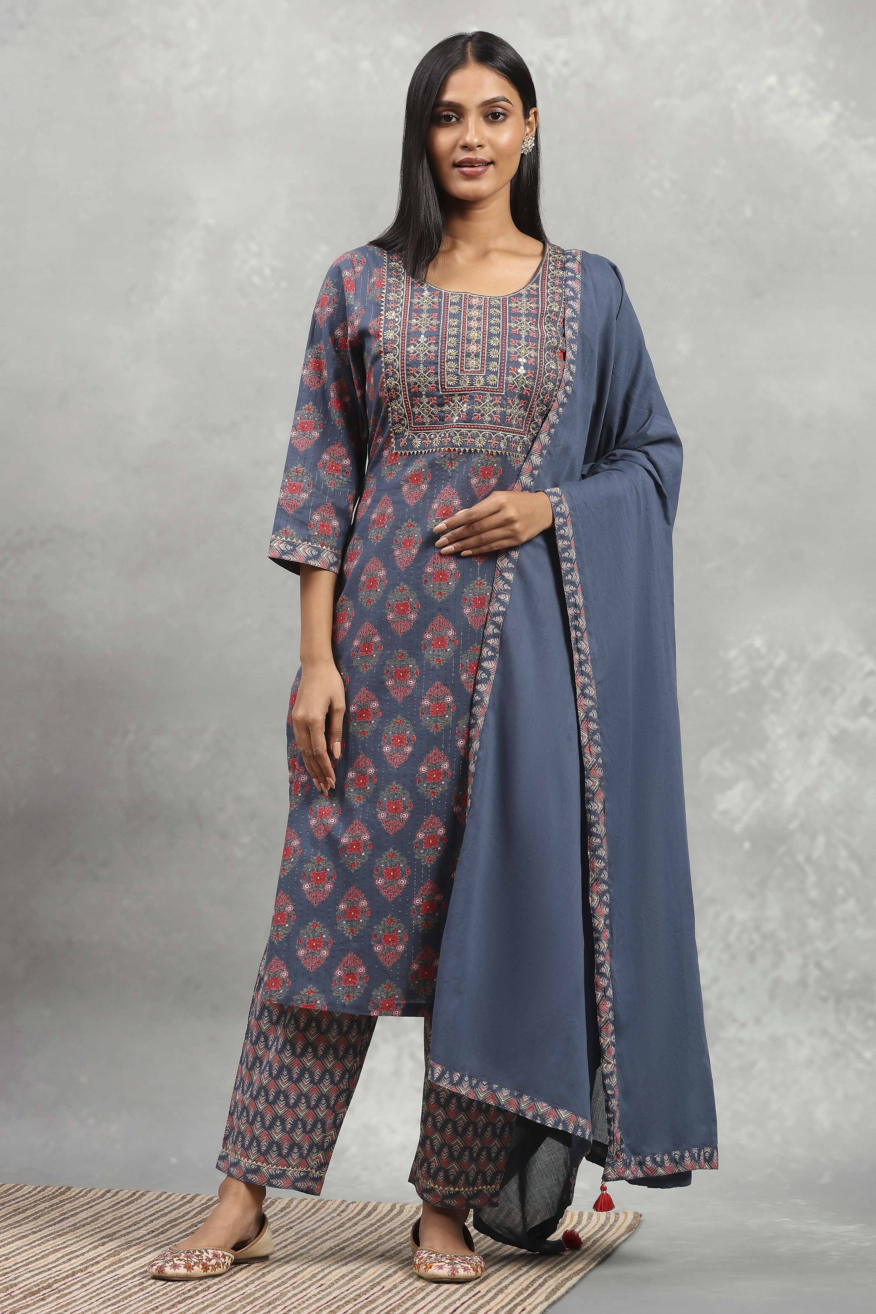 Indigo Cotton Printed Straight Suit Set image number 6