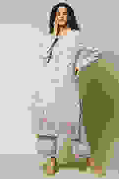 Ecru Jacquard Straight Printed Kurta Palazzo Suit Set image number 0