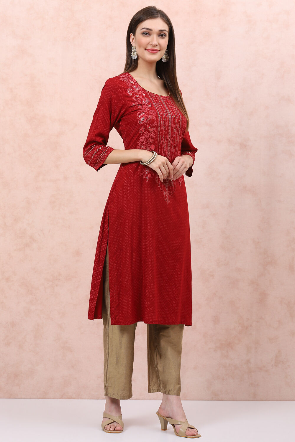Red LIVA Straight Kurta image number 0