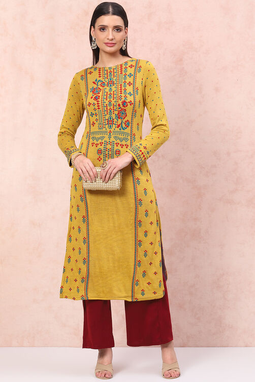 Mustard Acrylic Straight Kurta image number 5