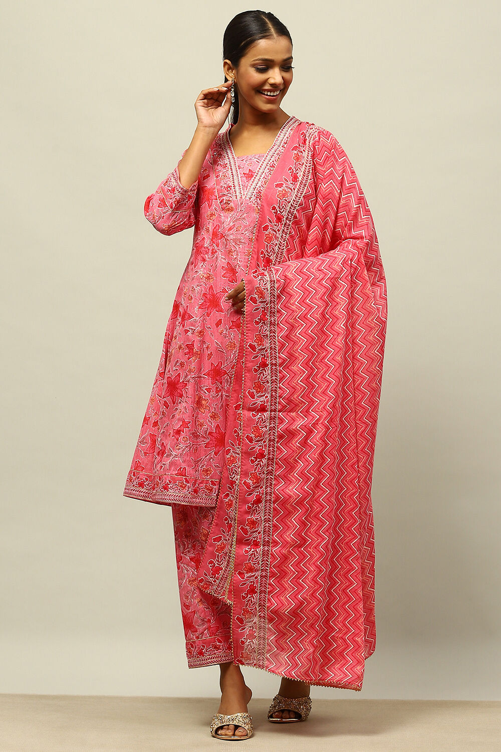 Pink Cotton Lurex A-Line Printed Kurta Salwar Suit Set image number 0