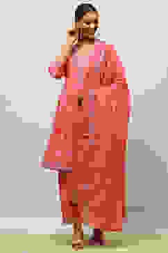 Pink Cotton Lurex A-Line Printed Kurta Salwar Suit Set image number 0