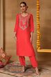 Red Viscose Blend Straight Solid Suit Set image number 9