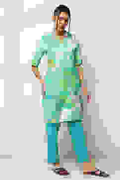 Aqua Floral Printed Straight Kurta image number 4