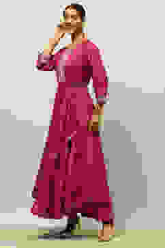 Purple Viscose Shantoon Printed Flared Dress image number 2