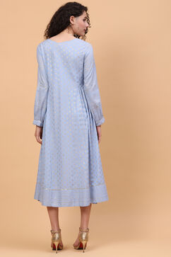 Blue Viscose Rayon Flared Dress image number 4