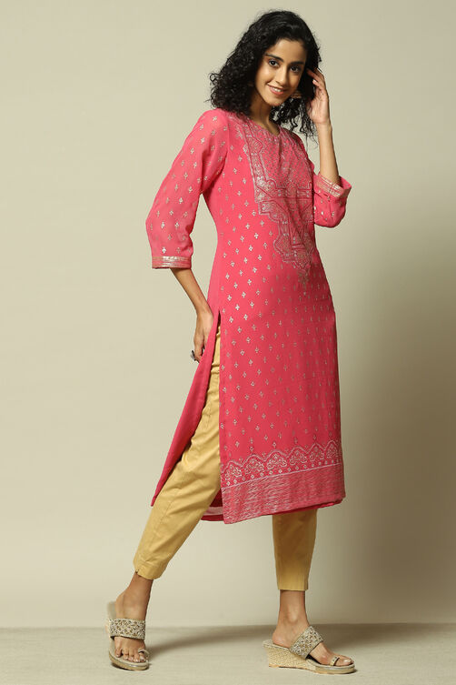 Navy Blue Polyester Straight Printed Kurta image number 4