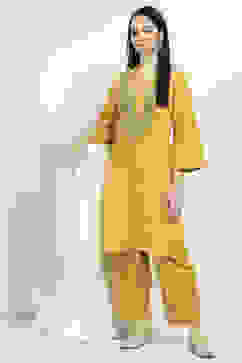 Yellow Cotton Embroidered Straight Kurta Set image number 0