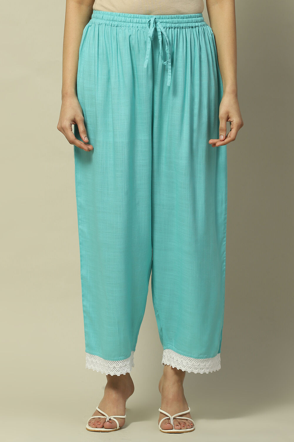 Sea Green Rayon Slub Straight Palazzo image number 5