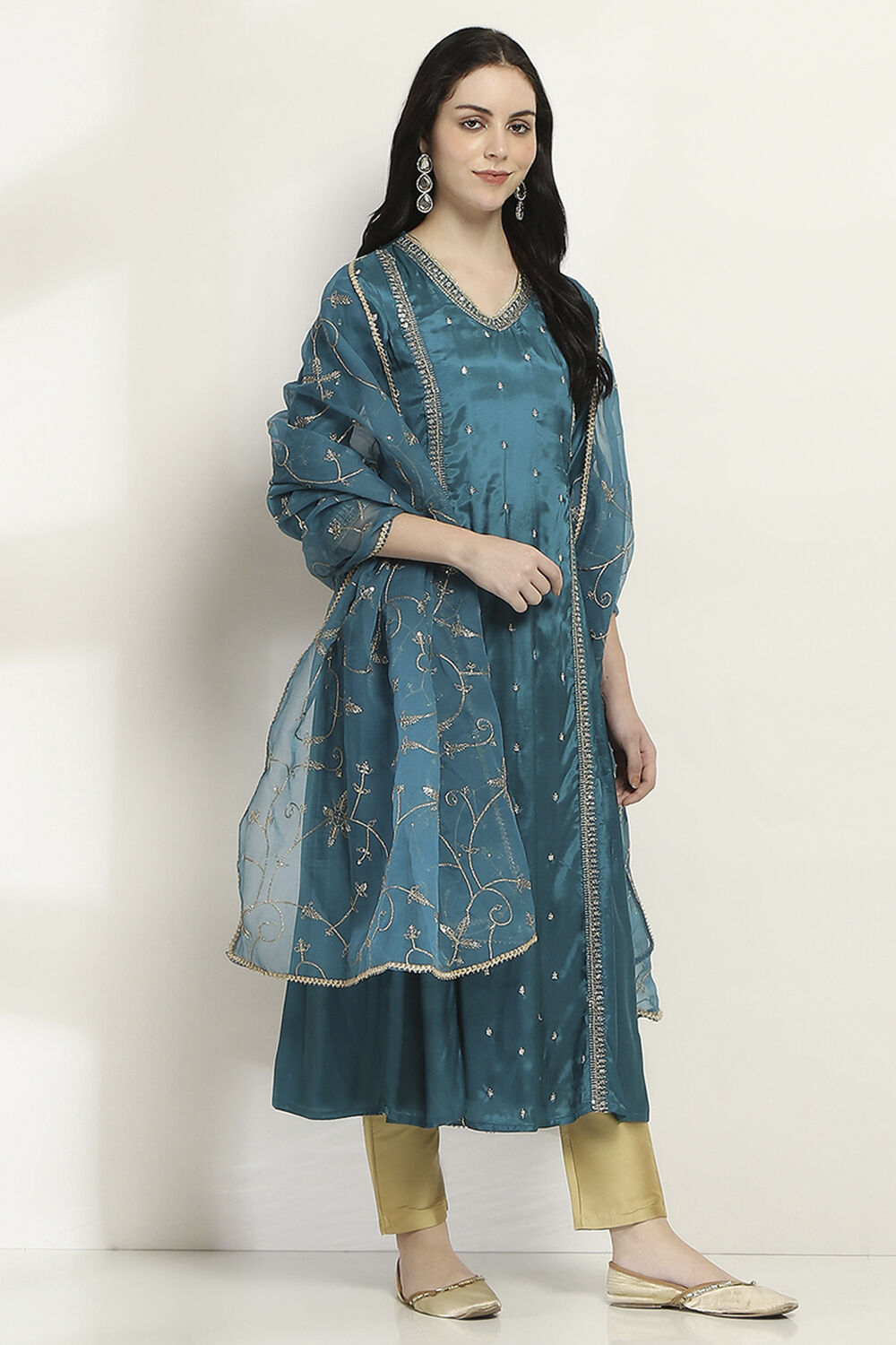 Teal Viscose Gathered Dress image number 4