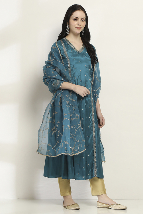 Teal Viscose Gathered Dress image number 4