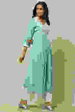 Cyan Blue Rayon Slub Tiered Dress image number 5