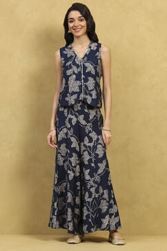 Indigo Blue Viscose Blend Printed Crop Top & Blouse Top Palazzo Set image number 6