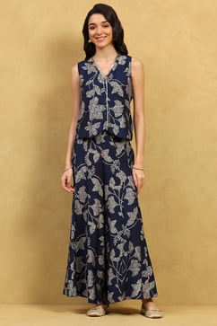 Indigo Blue Viscose Blend Printed Crop Top & Blouse Top Palazzo Set image number 6