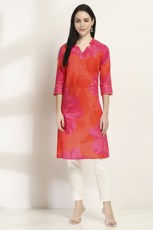 Orange Cotton Floral Straight Kurta image number 5