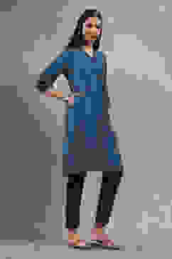 Teal Solid Straight Kurta image number 4