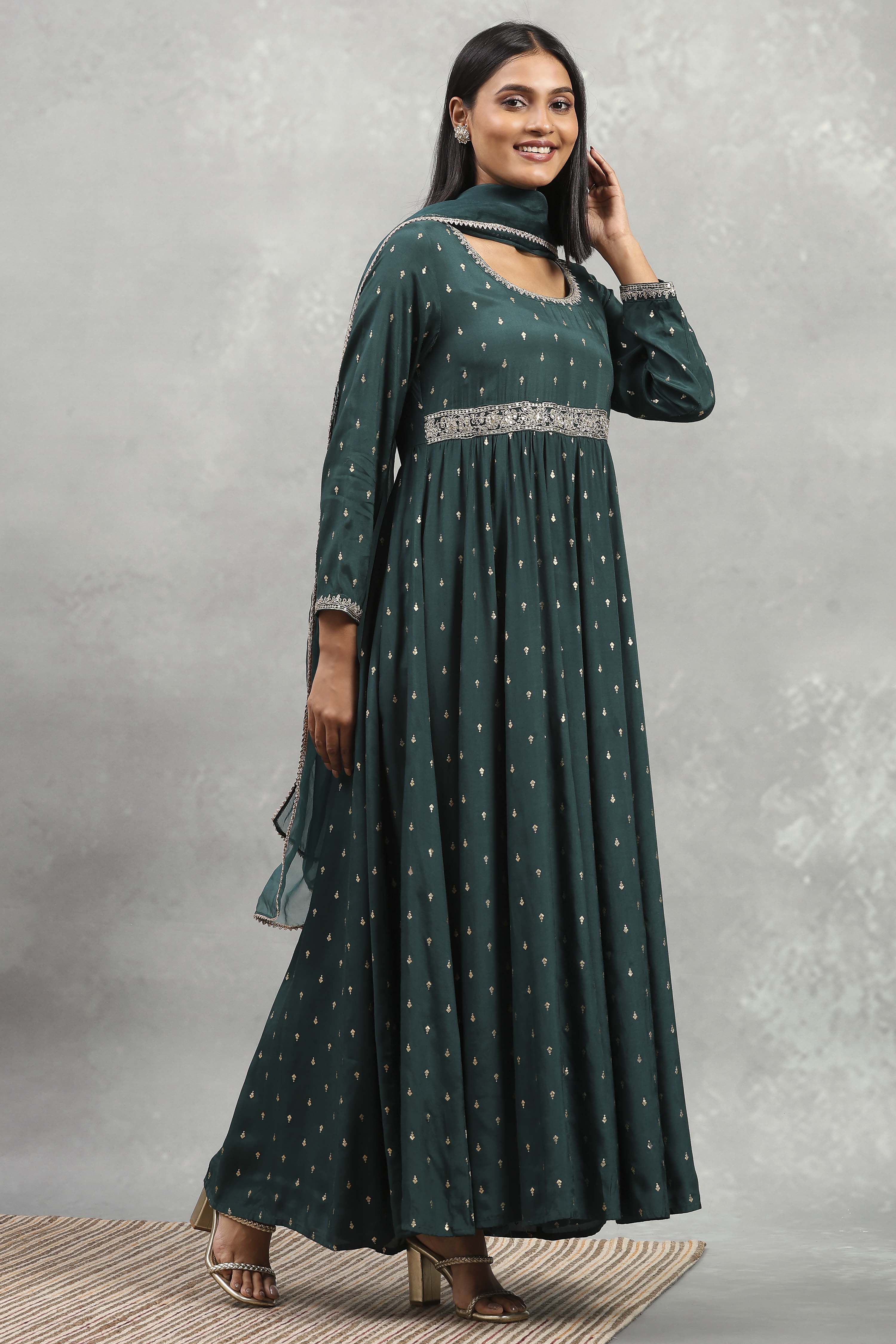 Green Viscose Rayon Printed Anarkali Dress image number 4