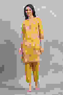 Yellow Cotton Printed Straight Kurta Pants Set image number 6