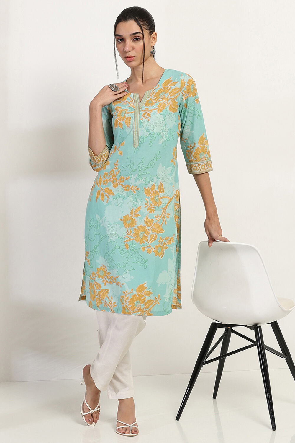 Aqua Cotton Printed Straight Kurta image number 0