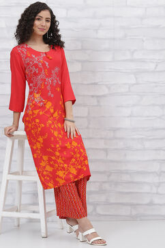 Red Viscose Straight  Kurta Pants Set image number 6