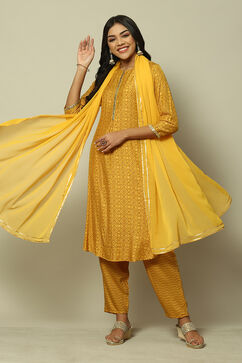 Yellow LIVA Straight Printed Suit Set image number 0