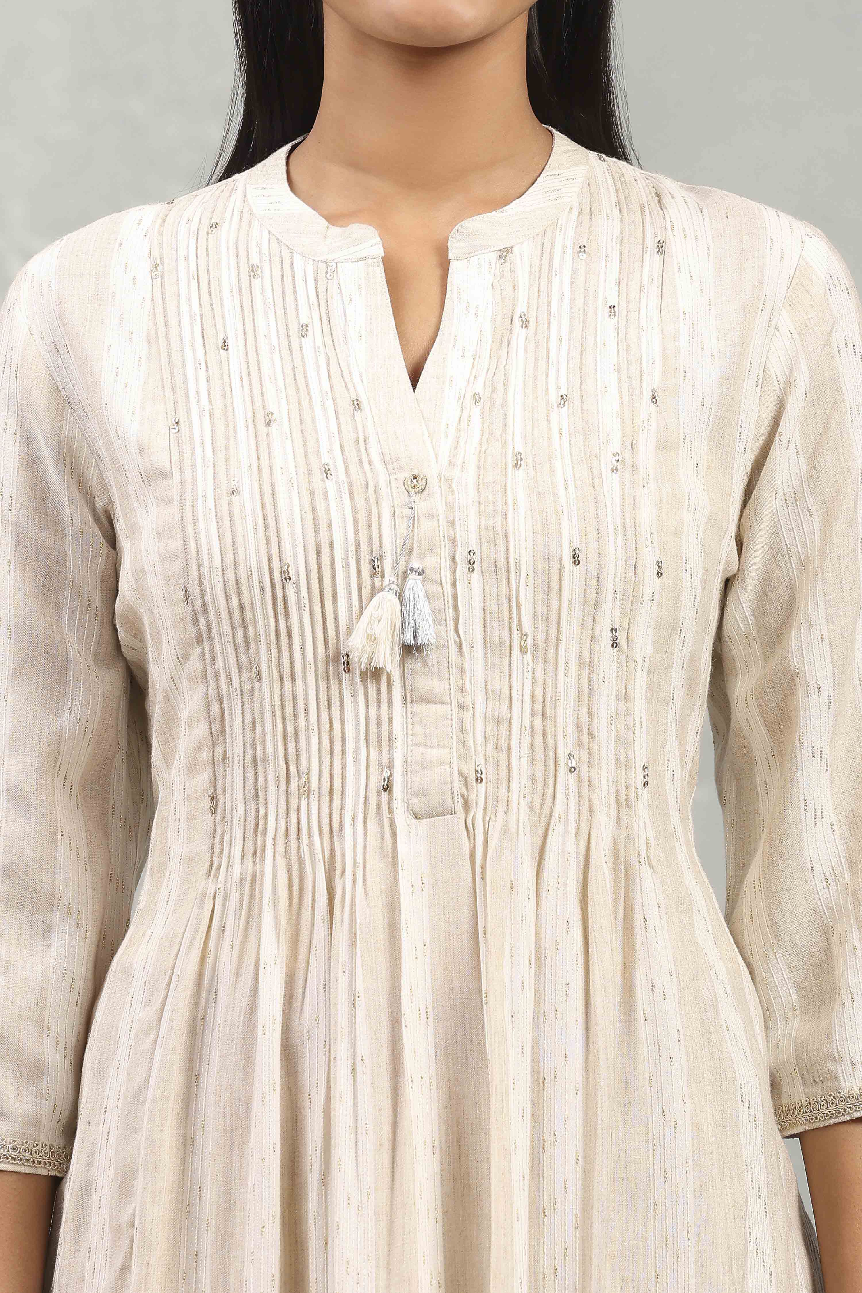 Beige Cotton Yarndyed Straight Kurta image number 1