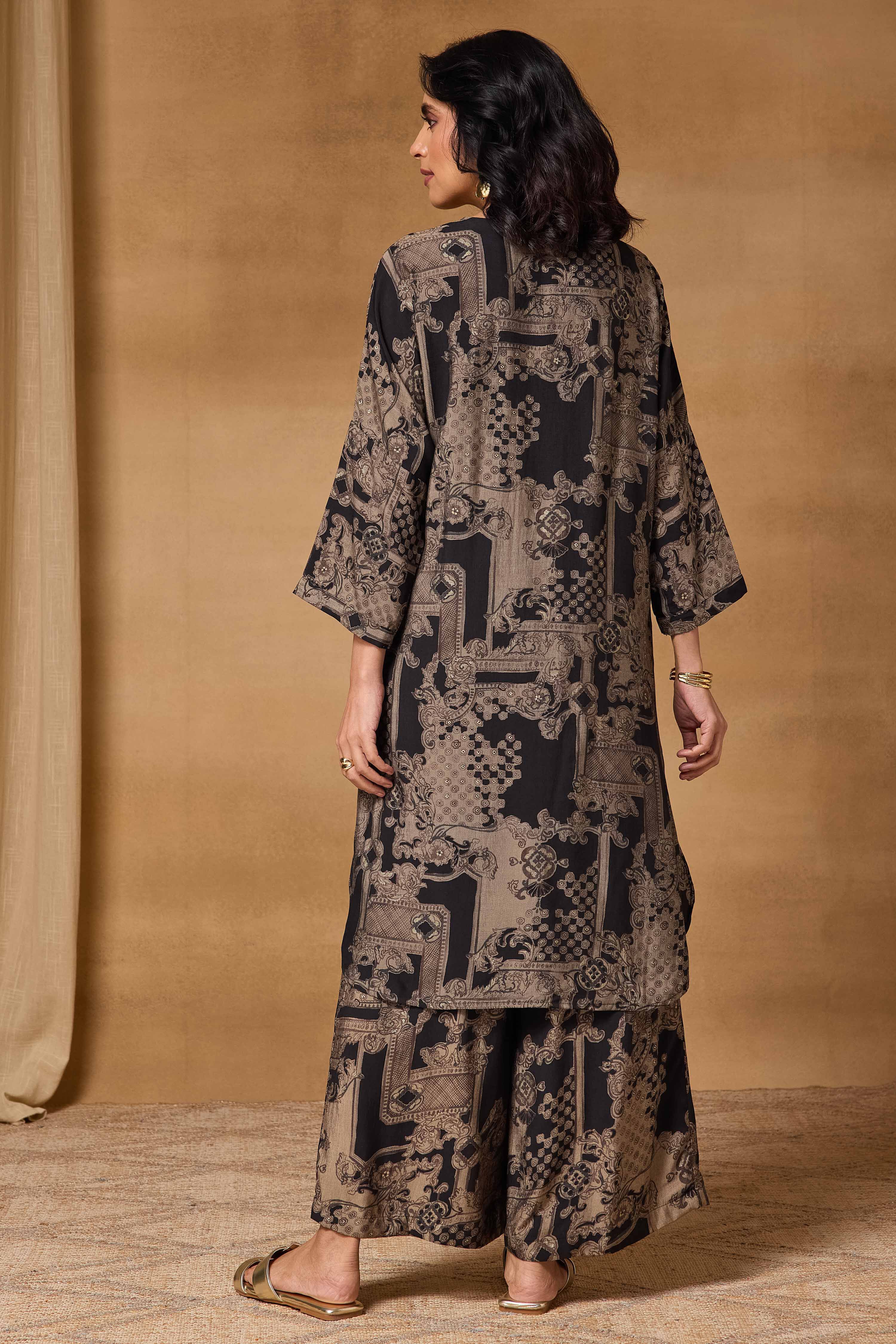 Black Viscose Blend Straight Printed Kurta Pants Set image number 5