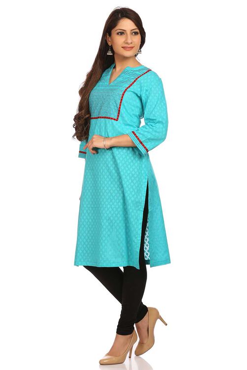 Turquoise Straight Cotton Kurta image number 2