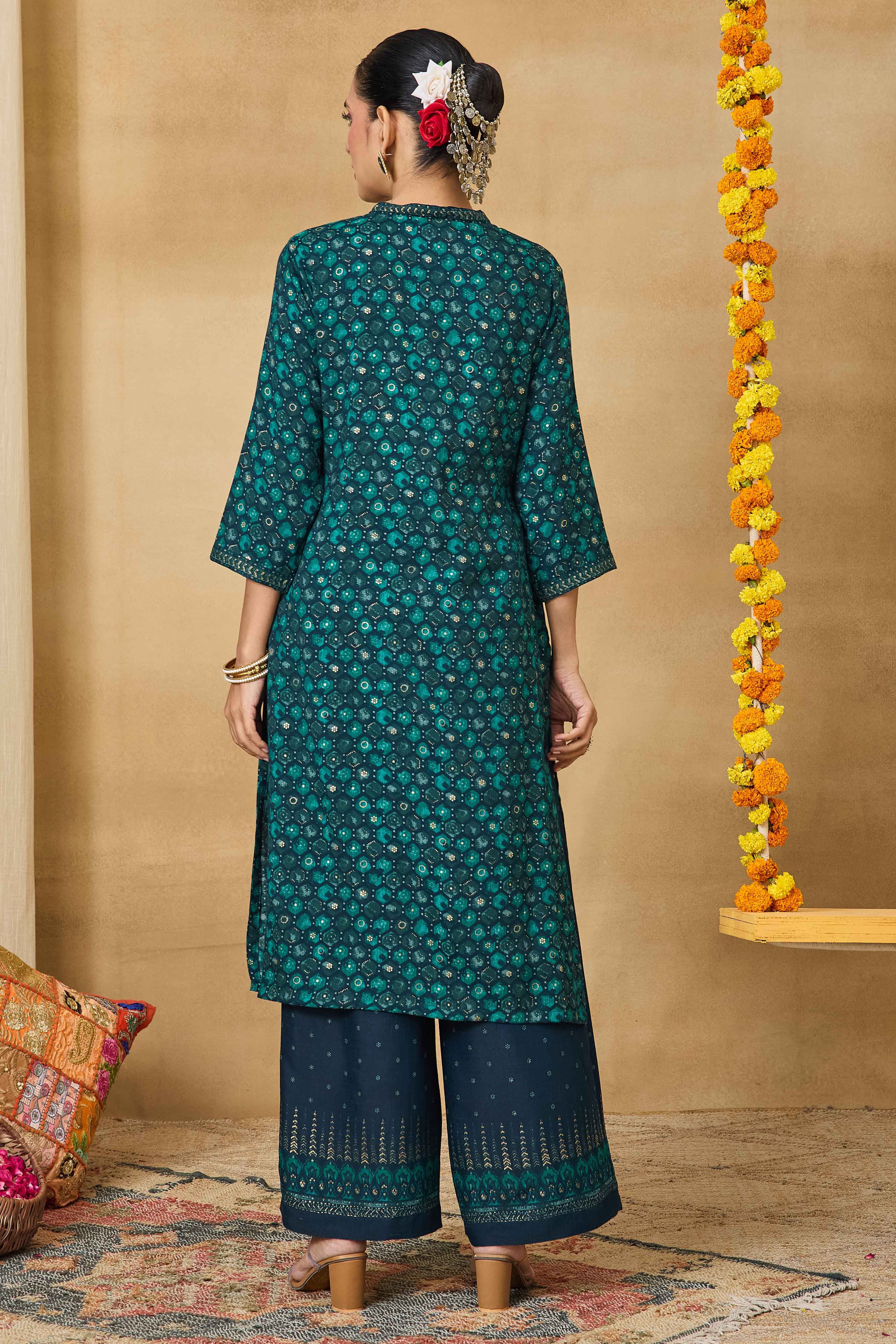 Teal Viscose Blend Straight Printed Suit Set image number 5