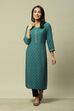 Teal Blue LIVA Straight Printed Kurta image number 0