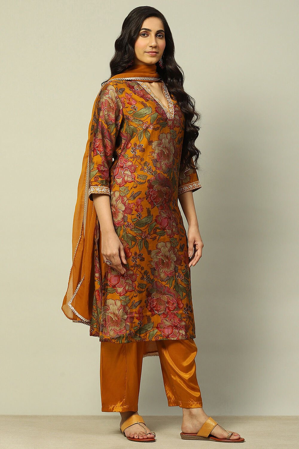 Mustard Viscose Blend Floral Printed Straight Suit Set image number 6