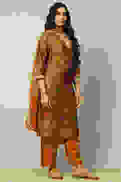 Mustard Viscose Blend Floral Printed Straight Suit Set image number 6