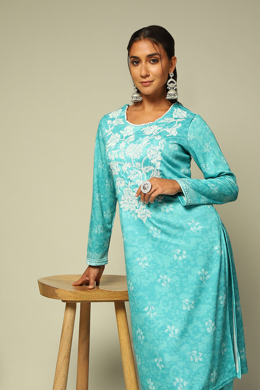 Aqua Blue Polyster Melange Straight Printed Kurta Palazzo Suit Set image number 1