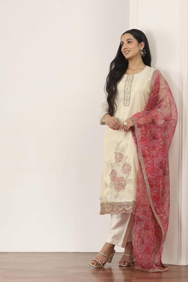 Rangriti Viscose Solid Straight Festive Kurta With Pant And Dupatta in White