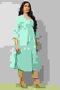 Aqua Blue Viscose Printed Gathered A-Line Kurta image number 4