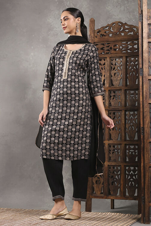 Black Viscose Blend Printed Straight Suit Set image number 3