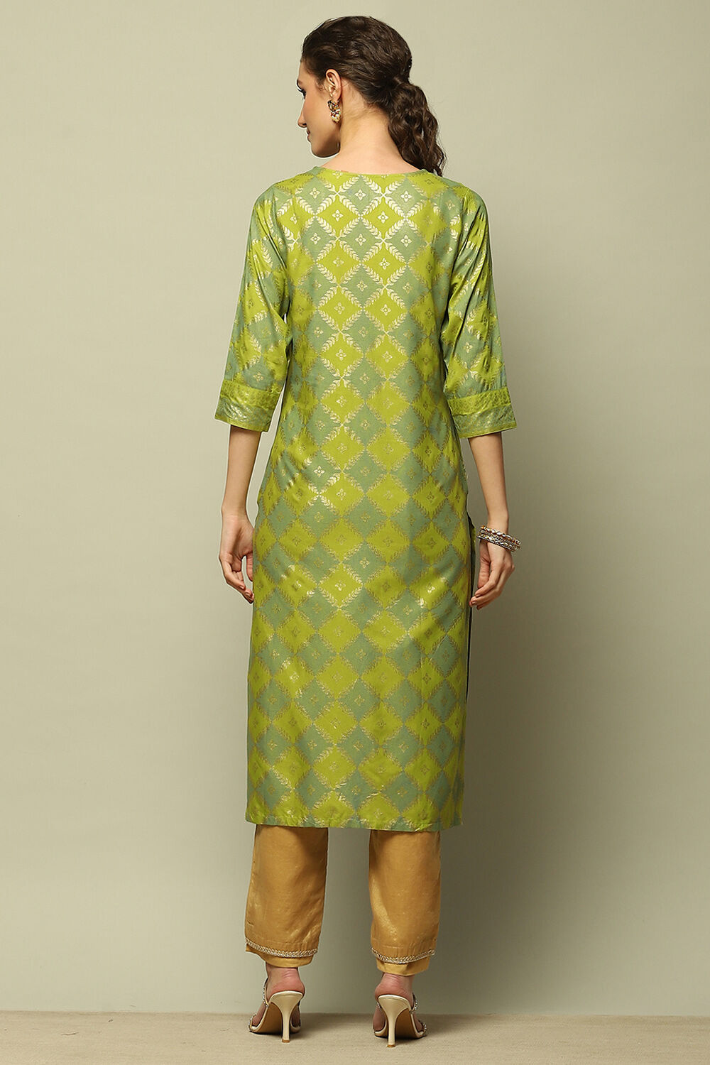 Lime Green Printed Straight Kurta image number 3