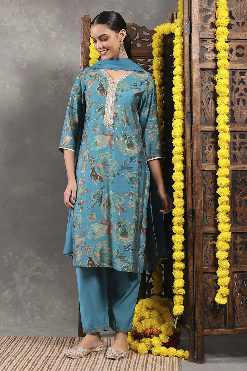 Aqua Viscose Blend Printed Straight Suit Set image number 0