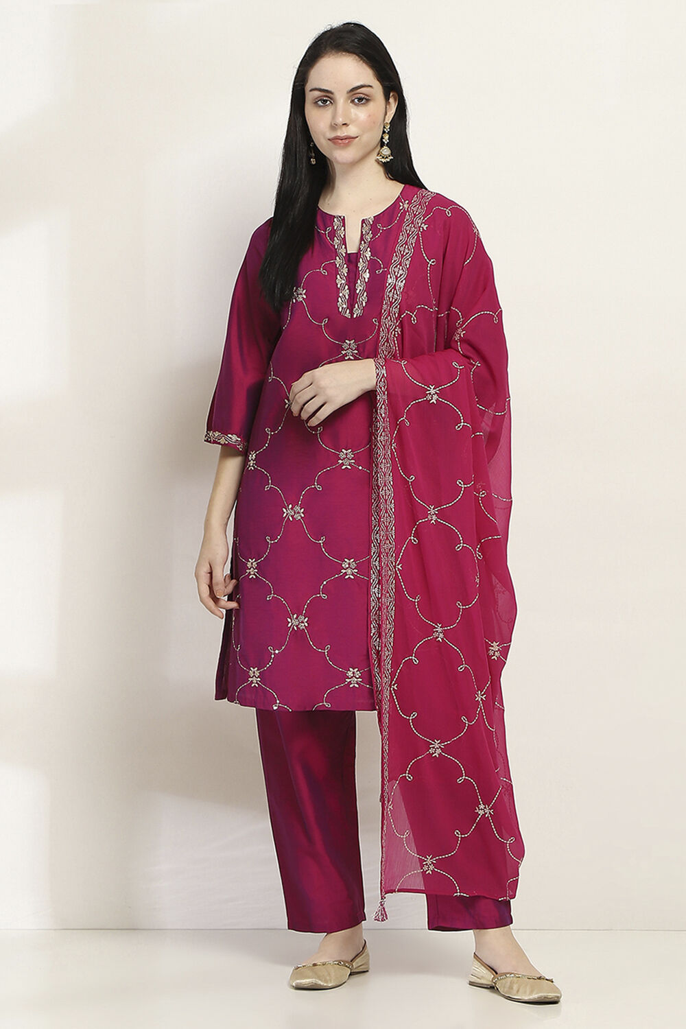 Purple Embroidered Straight Suit Set image number 6