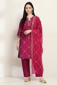 Purple Embroidered Straight Suit Set image number 6
